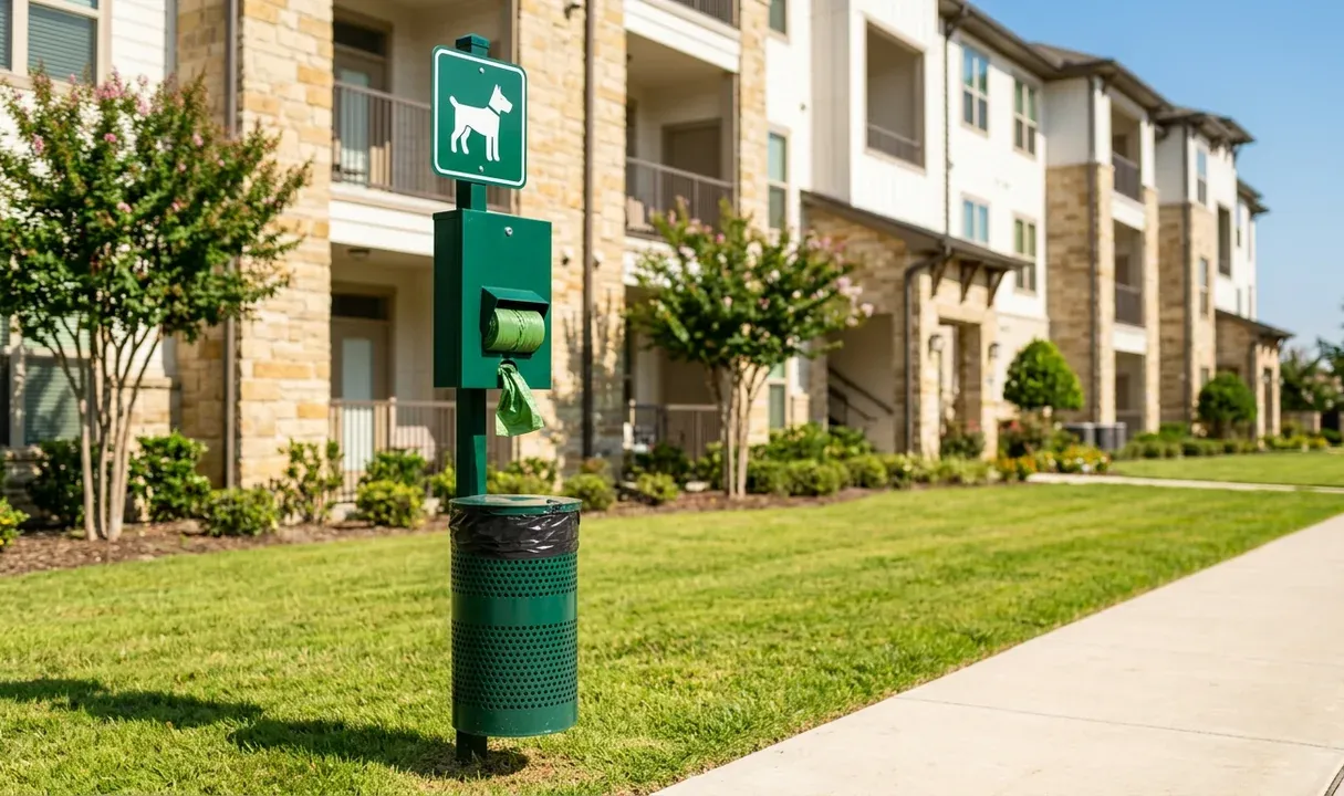 A pet waste station stocked with bags, beside a lined trash bin on the lawn of an apartment community