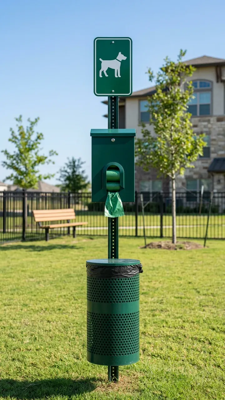 A pet waste station stocked with bags at the edge of an apartment community's fenced dog park